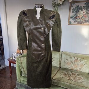Vintage Brenner Olive Green Women's Dress with Leather Accents
